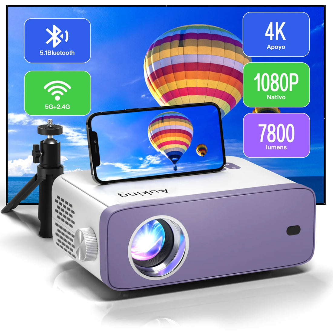 1080P WIFI Bluetooth HD LCD Mini Projector, White and Purple