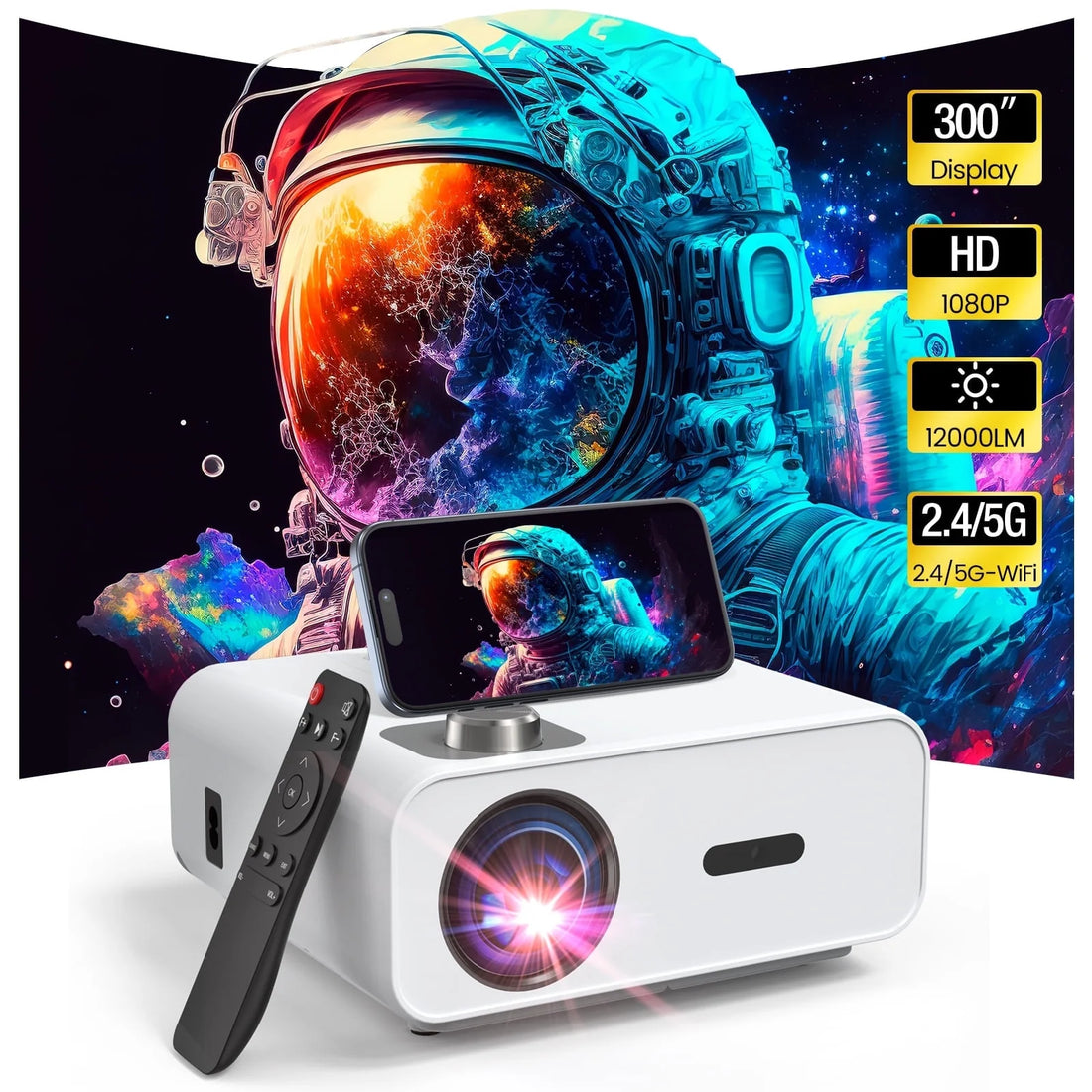 Projector with Built-In APP, 12000L 4K Video Projector with 2.4G/5G Wifi &amp; Bluetooth, Native 1080P Home Theater Projector Compatible with Ios/Android