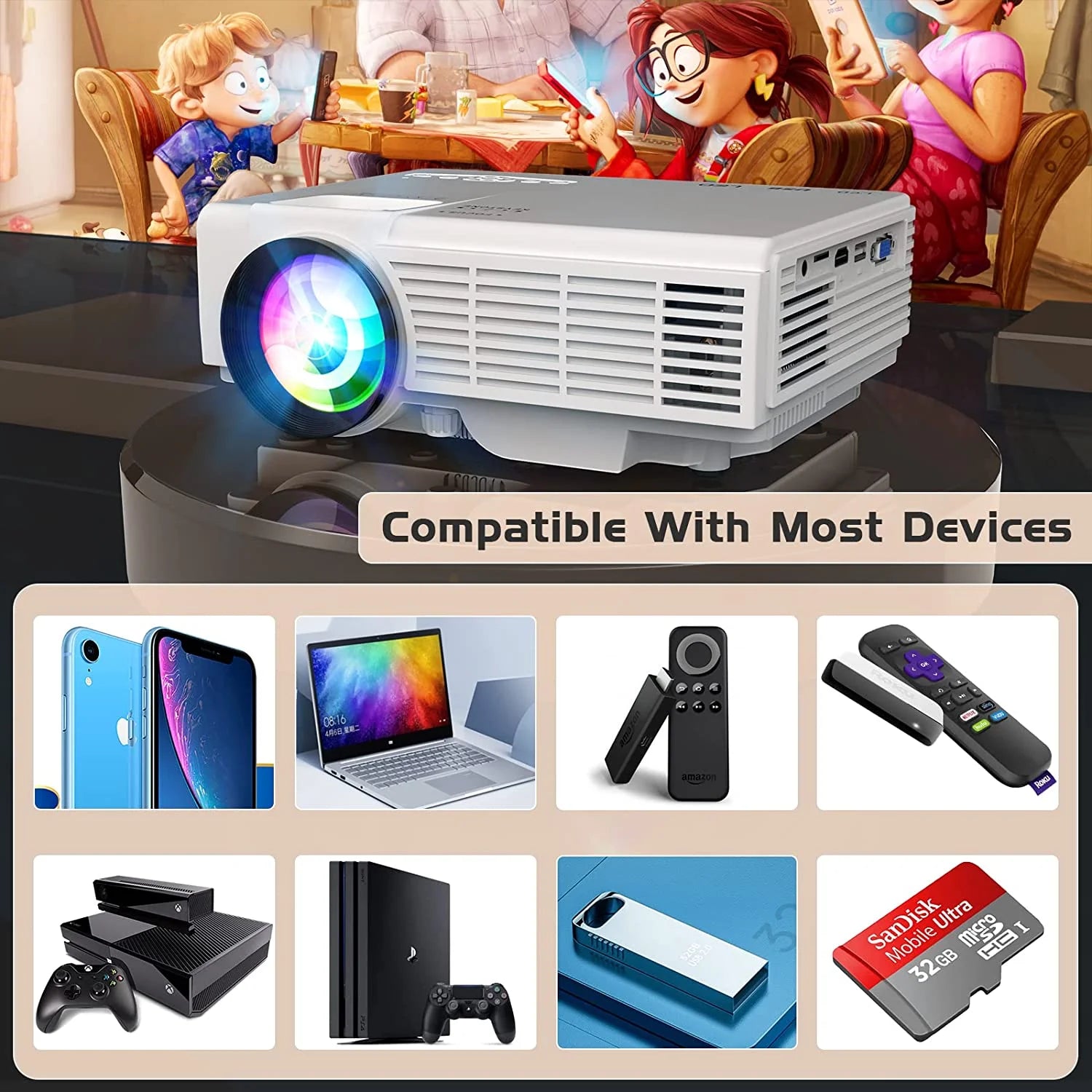 DR.J Professional Mini Projector with Bluetooth 5.2 and Screen, 8000L HD 1080P Projector, 200&quot; Screen Supported