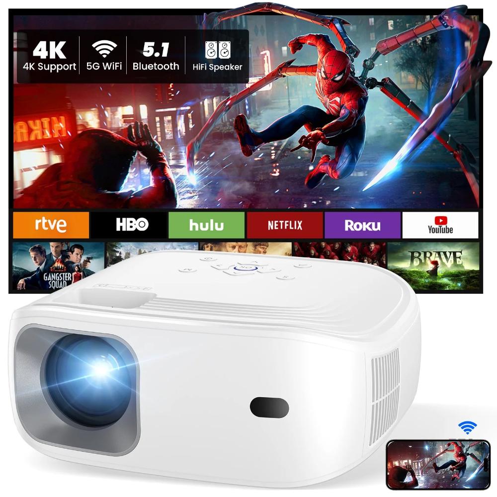 4K Support Portable Projector with Wifi and Bluetooth Mini Projector with Speaker 11000 Lumens FHD (1080P) LED Projectors for Outdoor Movies Home Theater