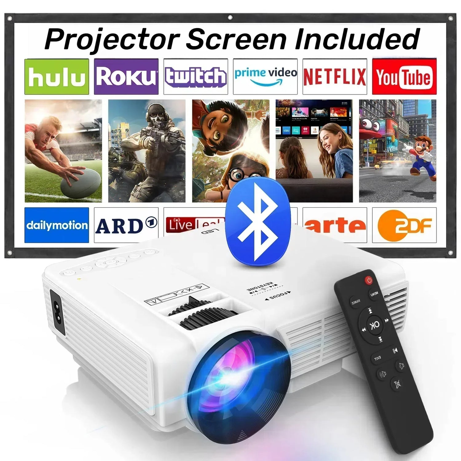 DR.J Professional Mini Projector with Bluetooth 5.2 and Screen, 8000L HD 1080P Projector, 200&quot; Screen Supported